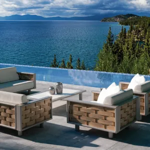 Luxury Wooden Corner Table with White Marble Top Lifestyle View by Luxury Group International