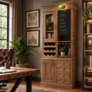 Armoire d'Exposition en Bois de Luxe avec Panneau Tableau Noir & Rangement à Vin - Armoire d'Étagère de Luxe Vue lifestyle par Luxury Group International