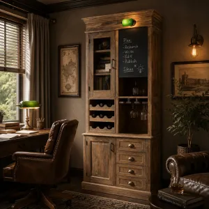 Armoire d'Exposition en Bois de Luxe avec Panneau Tableau Noir & Rangement à Vin - Armoire d'Étagère de Luxe Vue lifestyle par Luxury Group International