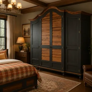 Luxuriöser Holz-Kronenschrank mit vier Türen und zweifarbiger, getäfelter Front – Luxus-Regalschrank Lifestyle-Ansicht von Luxury Group International