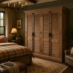 Luxus Holz-Kleiderschrank mit vier Lamellentüren und multifunktionalem Innenraum – Luxus Regal-Schrank Lifestyle-Ansicht von Luxury Group International