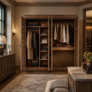 Luxus Holz-Kleiderschrank mit vier Lamellentüren und multifunktionalem Innenraum – Luxus Regal-Schrank Lifestyle-Ansicht von Luxury Group International