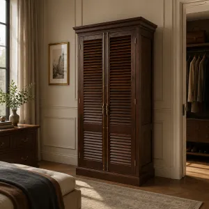 Luxus Holz-Jalousie-Doppeltürenschrank mit Messinggriffen – Luxus Regal-Schrank Lifestyle-Ansicht von Luxury Group International