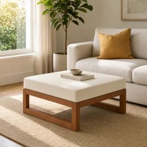 Luxus Holz Outdoor Ottoman mit Elfenbeinbezogenem Polster Lifestyle-Ansicht von Luxury Group International
