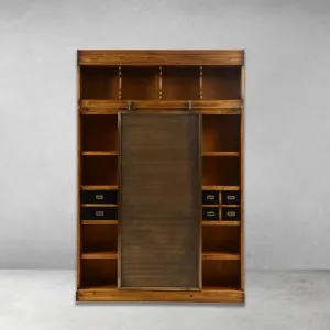 Luxury Wooden Shelve Cabinet with Sliding Metal Panel & Multi Storage Drawers Front View by Luxury Group International
