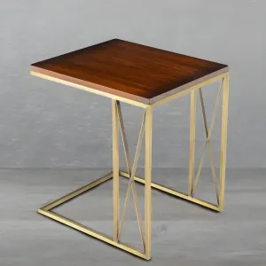 Luxury Wooden Side Table with Brass Geometric C-Frame Base - Luxury Side Table Front View by Luxury Group International