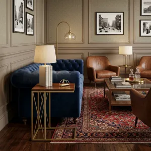 Luxury Wooden Side Table with Brass Geometric C-Frame Base - Luxury Side Table Lifestyle View by Luxury Group International