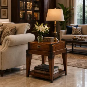 Luxury Wooden Side Table with Integrated Drawer and Lower Display Shelf - Luxury Side Table Lifestyle View by Luxury Group International