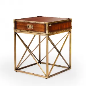 Luxury Wooden Side Table with Riveted Brass Trim on Cross-Braced Base - Luxury Side Table Front View by Luxury Group International