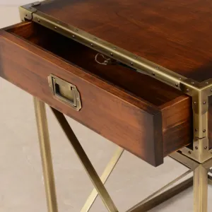 Luxury Wooden Side Table with Riveted Brass Trim on Cross-Braced Base - Luxury Side Table Inside View by Luxury Group International