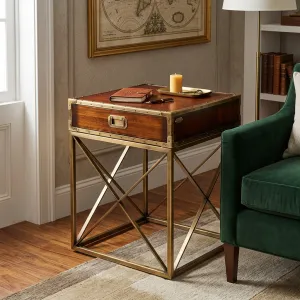 Luxury Wooden Side Table with Riveted Brass Trim on Cross-Braced Base - Luxury Side Table Lifestyle View by Luxury Group International