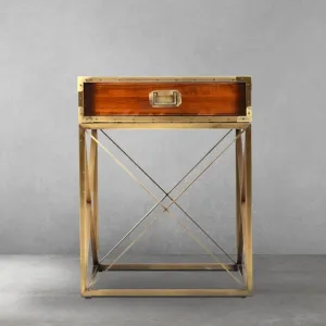 Luxury Wooden Side Table with Riveted Brass Trim on Cross-Braced Base - Luxury Side Table Side View by Luxury Group International