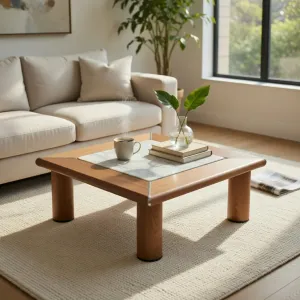 Luxury Wooden Side Table with White Marble Inlay Top Lifestyle View by Luxury Group International