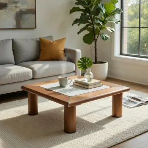Luxury Wooden Side Table with White Marble Inlay Top Lifestyle View by Luxury Group International