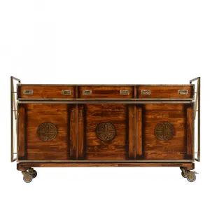 Luxus Holz-Sideboard mit Messing-Akzenten & Rollen - 3 Schubladen & Schranktüren Vorderansicht von Luxury Group International