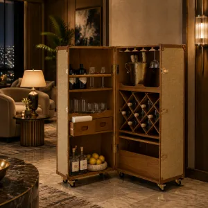 Luxus Holz-Koffer-Bar-Schrank mit Weinregal & Rollen – Luxus Hotelmöbel Lifestyle-Ansicht von Luxury Group International