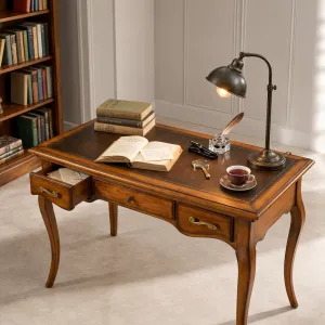 Escritorio de Madera de Lujo con Tapa de Cuero Negro y Patas Curvadas - Almacenamiento de 3 Cajones Vista lifestyle por Luxury Group International