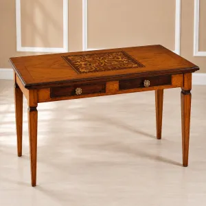 Escritorio de Madera de Lujo con Tapa de Taracea y Almacenamiento de Doble Cajón en Acabado Nogal Vista frontal por Luxury Group International