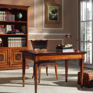 Escritorio de Madera de Lujo con Tapa de Taracea y Almacenamiento de Doble Cajón en Acabado Nogal Vista lifestyle por Luxury Group International