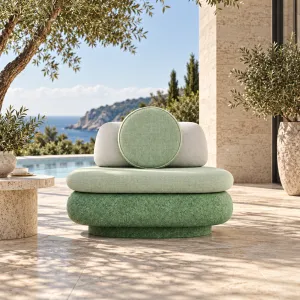Mint Green Luxury Outdoor Lounge Chair with Round Cushions - Outdoor Furniture Lifestyle View by Luxury Group International