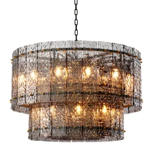 Modern Chandelier with Tiered Geometric Glass Panels and Golden Frame - Luxury Hotel Furniture Side View by Luxury Group International