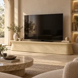 Meuble TV Moderne en Béton au Profil Bas Sculptural – 225 cm - Mobilier de Luxe pour Hôtels Vue lifestyle par Luxury Group International