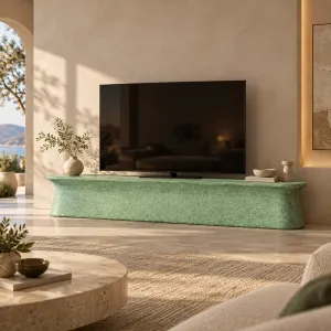 Mueble de TV Moderno de Hormigón con Perfil Bajo Escultural – 225 cm - Mobiliario de Hotel de Lujo Vista lifestyle por Luxury Group International