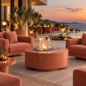 Mesa moderna para fogata exterior con protector de viento de vidrio - Mobiliario de lujo para hoteles Vista lifestyle por Luxury Group International