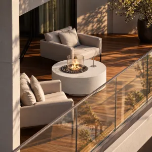 Mesa moderna para fogata exterior con protector de viento de vidrio - Mobiliario de lujo para hoteles Vista lifestyle por Luxury Group International