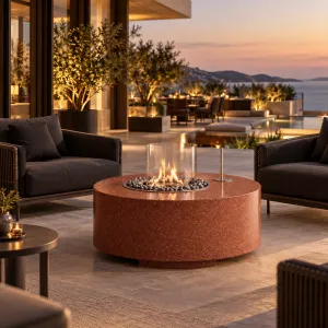 Mesa moderna para fogata exterior con protector de viento de vidrio - Mobiliario de lujo para hoteles Vista lifestyle por Luxury Group International