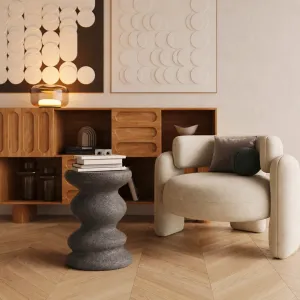 Luxury sculptural concrete side table with wavy scalloped design - Luxury hotel furniture Lifestyle View by Luxury Group International