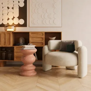 Luxury sculptural concrete side table with wavy scalloped design - Luxury hotel furniture Lifestyle View by Luxury Group International