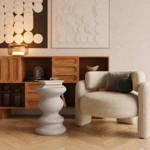 Luxury sculptural concrete side table with wavy scalloped design - Luxury hotel furniture Lifestyle View by Luxury Group International