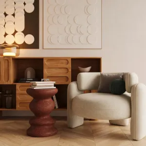 Luxury sculptural concrete side table with wavy scalloped design - Luxury hotel furniture Lifestyle View by Luxury Group International