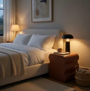 Modern Sculptural Concrete Bedside Table for Luxury Bedrooms Lifestyle View by Luxury Group International