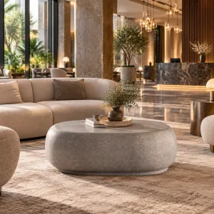 Modern Stone Coffee Table with Rounded Organic Design -Luxury Coffee Table Lifestyle View by Luxury Group International