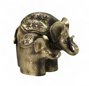 Mother and Calf Luxury Bronze Elephant Sculpture with Floral Engravings - Luxury Bronze Figure Front View by Luxury Group International