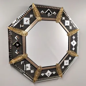 Octagonal Smoke Glass Baroque Luxury Wall Mirror with Gold Leaf Accents Front View by Luxury Group International