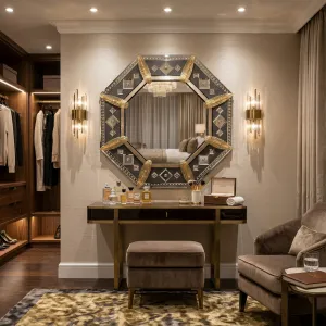 Octagonal Smoke Glass Baroque Luxury Wall Mirror with Gold Leaf Accents Lifestyle View by Luxury Group International