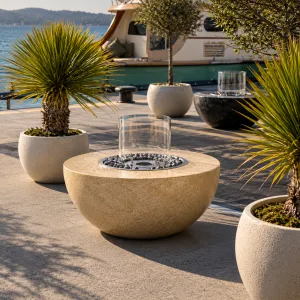 Mesa de Fogata Exterior con Protector de Viento de Cristal y Quemador de Piedra - Mobiliario de Hotel de Lujo Vista lifestyle por Luxury Group International