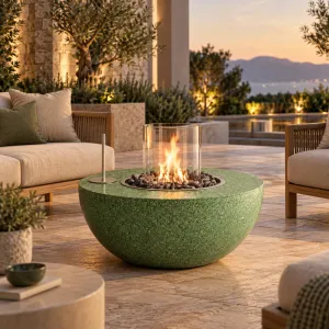 Mesa de Fogata Exterior con Protector de Viento de Cristal y Quemador de Piedra - Mobiliario de Hotel de Lujo Vista lifestyle por Luxury Group International