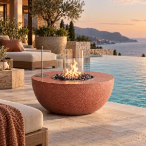 Mesa de Fogata Exterior con Protector de Viento de Cristal y Quemador de Piedra - Mobiliario de Hotel de Lujo Vista lifestyle por Luxury Group International