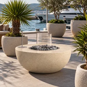 Mesa de Fogata Exterior con Protector de Viento de Cristal y Quemador de Piedra - Mobiliario de Hotel de Lujo Vista lifestyle por Luxury Group International