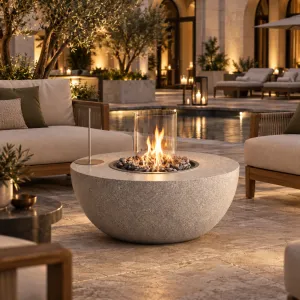 Mesa de Fogata Exterior con Protector de Viento de Cristal y Quemador de Piedra - Mobiliario de Hotel de Lujo Vista lifestyle por Luxury Group International