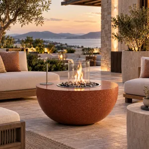 Mesa de Fogata Exterior con Protector de Viento de Cristal y Quemador de Piedra - Mobiliario de Hotel de Lujo Vista lifestyle por Luxury Group International