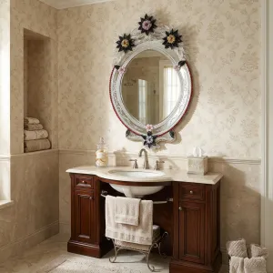 Miroir Mural de Luxe Vénitien Antique Ovale avec Bordure Perlée Rouge et Couronne Florale Baroque Vue lifestyle par Luxury Group International