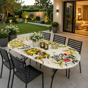Ovaler Keramik-Luxus-Esstisch für den Außenbereich mit handbemaltem botanischem Fruchtmotiv Lifestyle-Ansicht von Luxury Group International