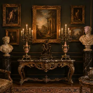 Par de Candelabros de Bronce de Lujo Barrocos con Cuerpos en Forma de Urna Rosa y Asas Figurativas Vista lifestyle por Luxury Group International