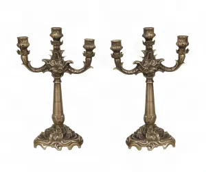 Pair of Luxury Baroque Bronze Three-Light Candle Holders with Sculpted Floral Ornament by Luxury Group International