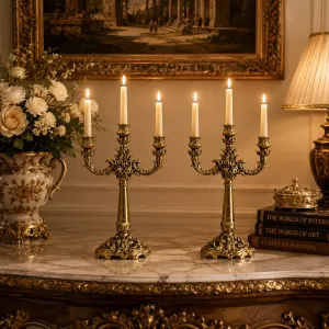 Par de Candelabros Barrocos de Bronce de Tres Luces con Adorno Floral Esculpido Vista lifestyle por Luxury Group International